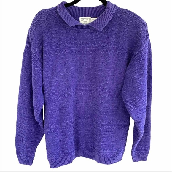 Vintage Purple Aztec Tribal Patterned Textured Collared Retro Preppy Sweater - Picture 1 of 4